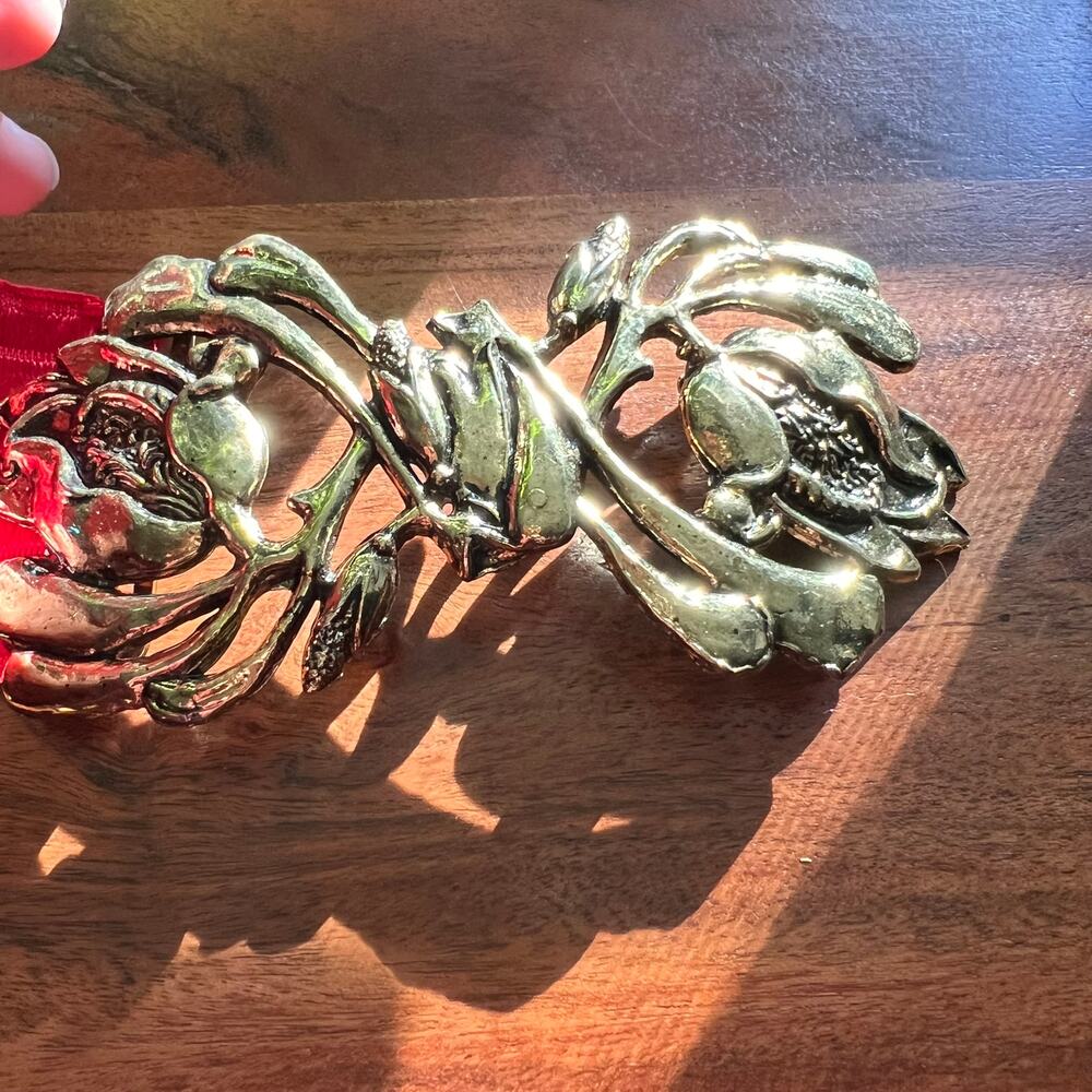 Vintage 1970s Heavy Brass or Bronze 6" Dress Belt Buckle with Entwined Flowers